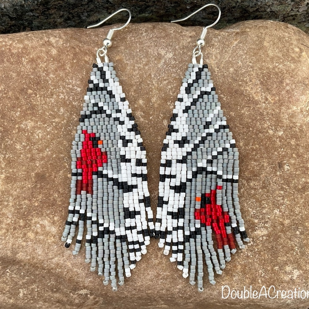Red Cardinal Birds in a Birch Tree Beaded Earrings, New, Handmade by Me - Picture 2 of 6